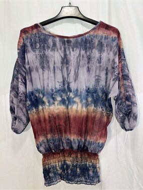 Rod's Western Southwestern Smocked Top Boho Tie Dye Blouse Cowgirl Chic Dolman S
